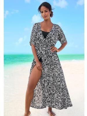 Plus Size Women's Faux-Wrap Swim Cover Up by Swim 365 in Black White Palms (Size 34/36)