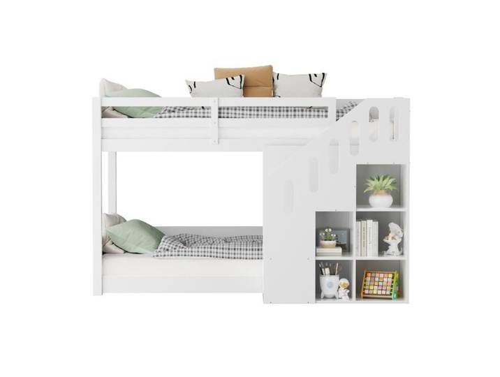 Lit Combiné 90x200 Cm - Lit Superposé Enfant Avec Balustrade Et Escaliers - Design - Blanc