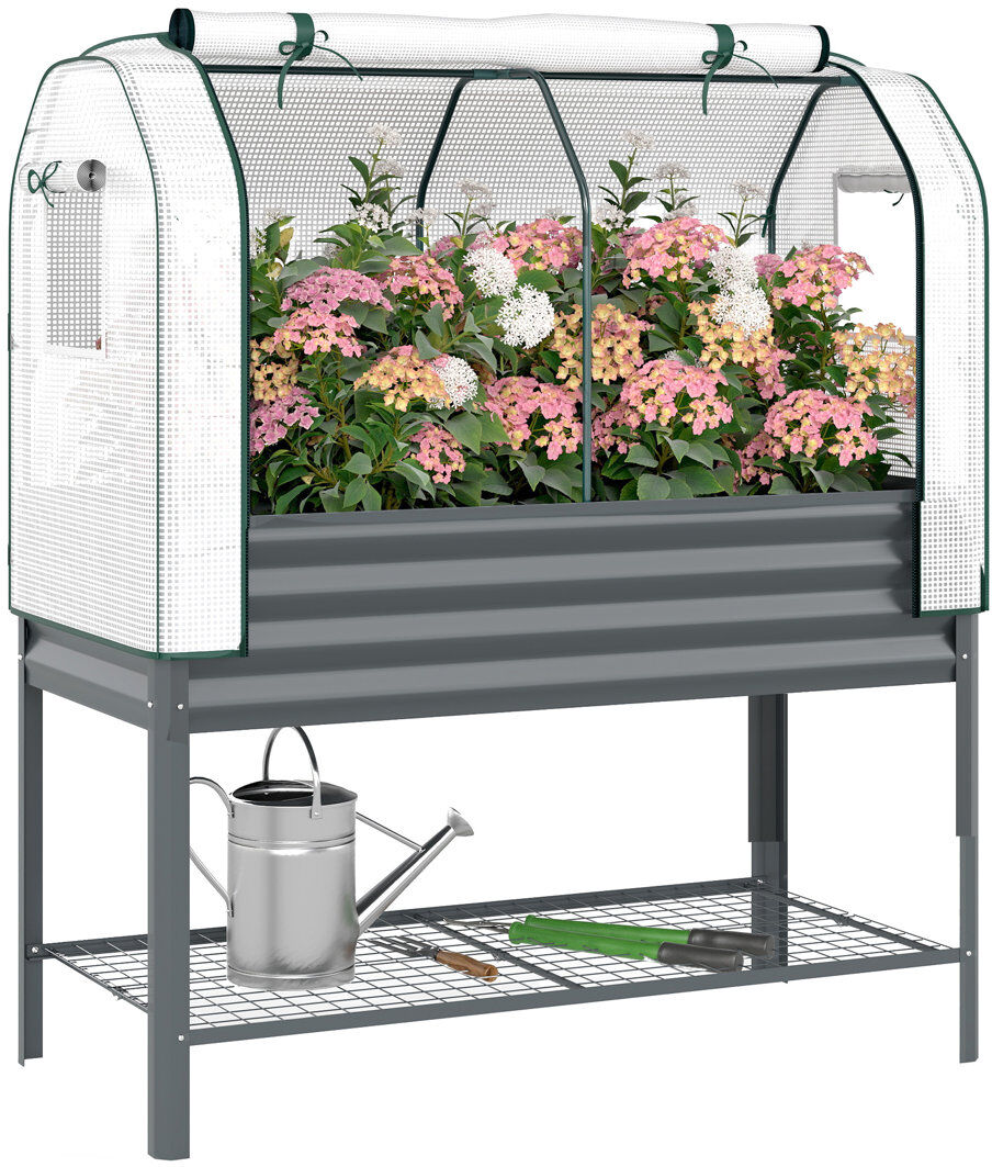 Dakota Fields Outsunny Galvanised Raised Planter with Greenhouse Cover, Dark Grey Dark Grey 140cm H X 120cm W X 55cm D