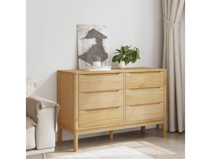 Kommode FLORO Braun Wachs Holz Kiefer massiv 111 cm 6 Schubladen, großer Stauraum, Holzbeine, 30 kg Kapazität, Montage erforderlich