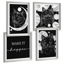BILDER SET 4er Set - 50x50 cm & 40x60 cm Silberner Rahmen - Schwarze Katzen, Mond, Planet
