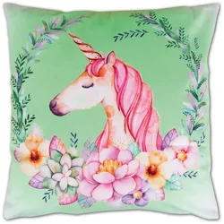 Bestlivings Kissenhülle Fotodruck 40x40 Einhorn grün mit Füllung