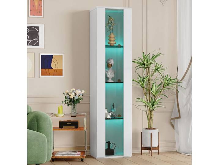 Vitrine Blanche 4 Niveaux Meuble De Presentation FloraGrace Pour Salon Ou Bureau LED Reglable Par Application 40x29x170cm