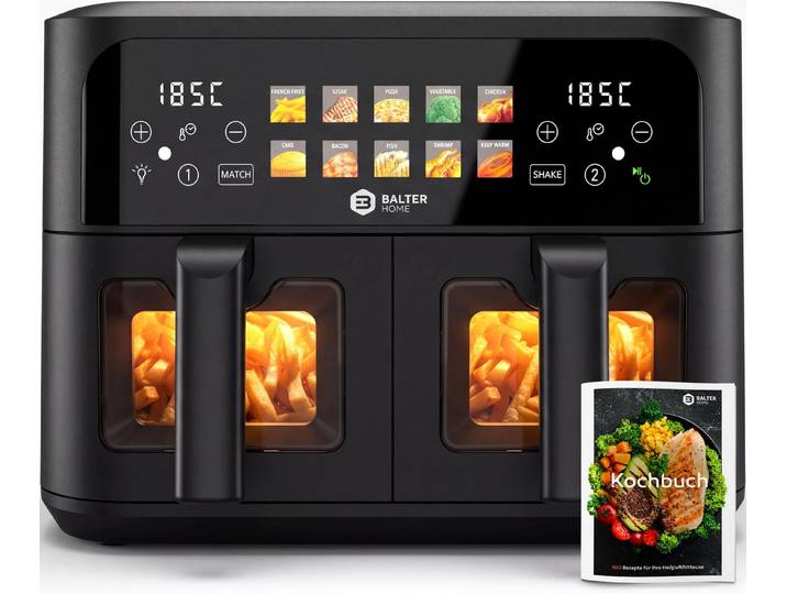 Balter Heißluftfritteuse, 2400 W, 2 Kammern mit Sichtfenster - 2400W Airfryer XXL Doppelkammer