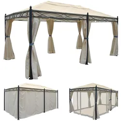 Pergola Cadiz, Pavillon, stabiles 7cm-Gestell 5x3m ~ creme mit Seitenwand + Moskitonetz