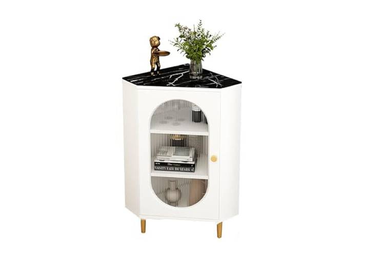Eckschrank – Freistehender Aufbewahrungsschrank mit Glastüren, Badezimmer, Küche, Wohnzimmer, Schlafzimmer, Vitrine, Seitenschrank (Color : White+Black Slate, Size : 50cm/19.7in)