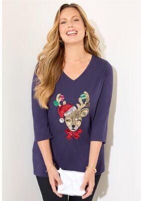 Plus Size Women's Wit & Whimsy Tees by Catherines in Navy Reindeer (Size 1X)