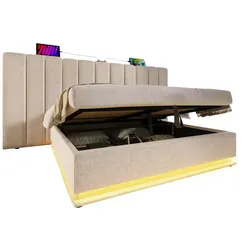 Polsterbett 180x200 cm mit Stauraum und LED-Beleuchtung – elegante Ergonomie und integrierte Ladefunktion Beige