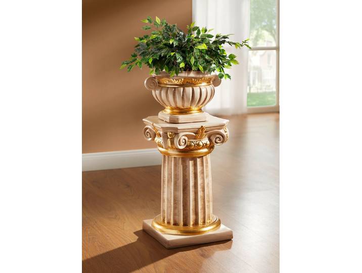 Säule mit Übertopf und echter Blattgoldauflage, Beige-Gold