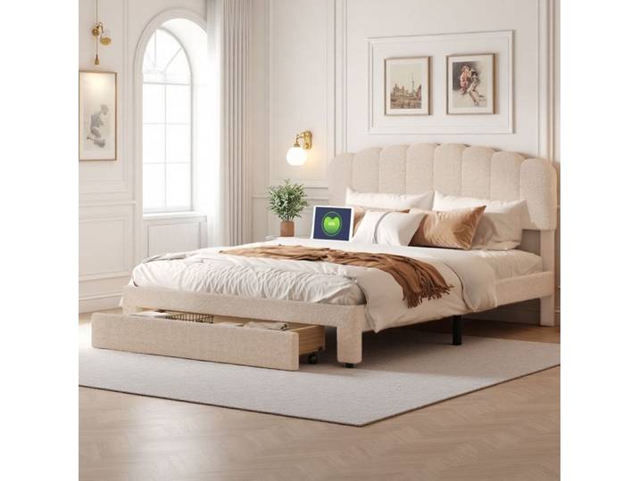 Lit coffre 160x200 lit adulte avec Chargement USB lit coffre 160x200 coffre lit 160x200 avec rangement sommier à lattes Beige