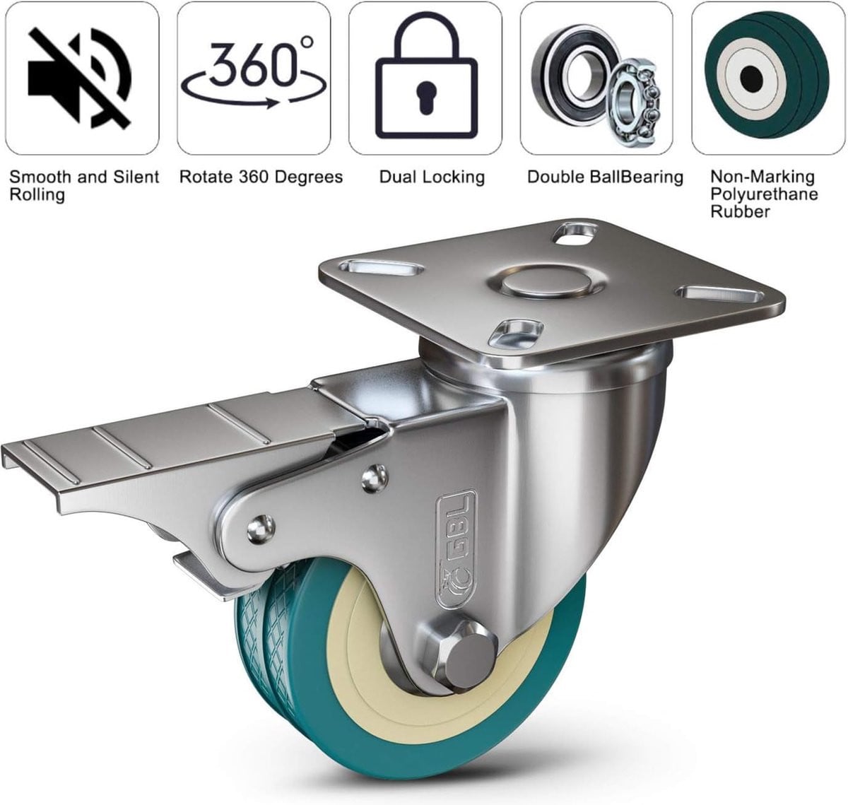 Set van 4 zwenkwielen met schroeven, 50 mm diameter, zwaarlastwielen voor meubels en trolleys, rubber en staal, zilver