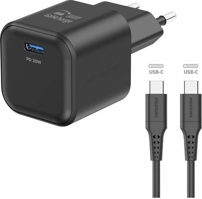 Swissten Netzwerkadapter GaN 1x USB-C 20W Power Delivery + Datenkabel USB-C/USB-C 1,2m schwarz