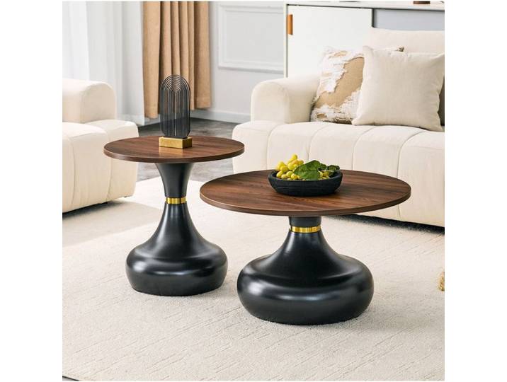 Lot de 2 tables basses gigognes rondes décor noyer et métal noir base sablier