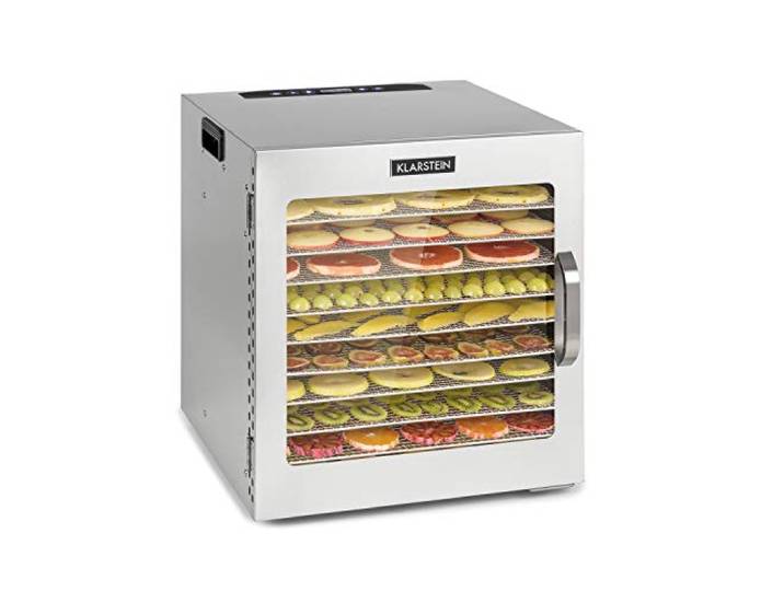 Klarstein Captain Jerky 110 Dörrautomat, 1000 W, Temperatur: 30-90 °C, 24-Stunden-Timer, BPA-frei, Touch-Bedienfeld, 10 Einschübe, Glastür, Edelstahl Dörrgerät für Obst, Gemüse, Auffangblech, silber