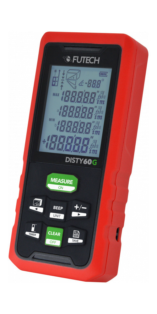 Futech Disty 60 Green Laser afstandsmeter met bereik van 0,05 tot 60 meter en IP54-classificatie