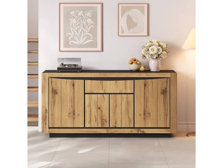 ModernLuxe Sideboard Wohnzimmer Kommode, Esszimmerschrank, Grifflose Türfronten,Aufbewahrungsschrank in Holzfarbe & Schwarz Sofa-Beistellschrank,140x38,5x52 cm