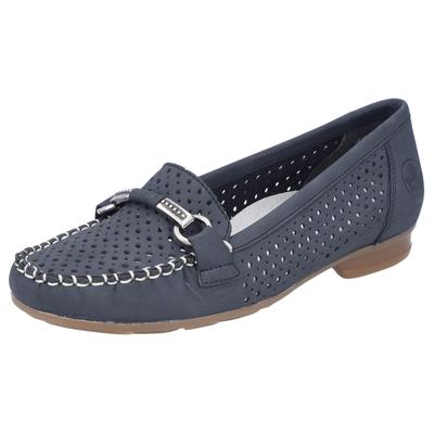 Mokassin RIEKER, Damen, Gr. 37, Synthetik, blau (dunkelblau), Nubuklederimitat, Schuhe Mokassin, Slipper, Sommerschuh mit toller Schmuckspange