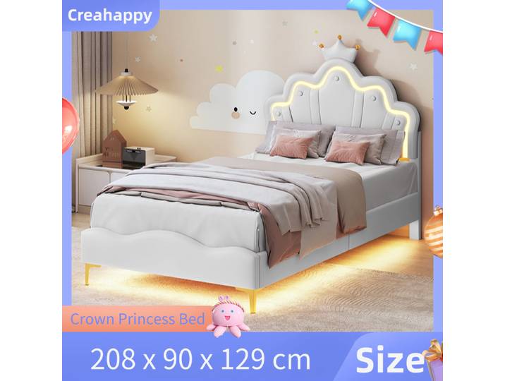 Lit capitonné Creahappy - Lit simple 90x200 cm, Lit princesse couronne, Cuir PU rembourré
