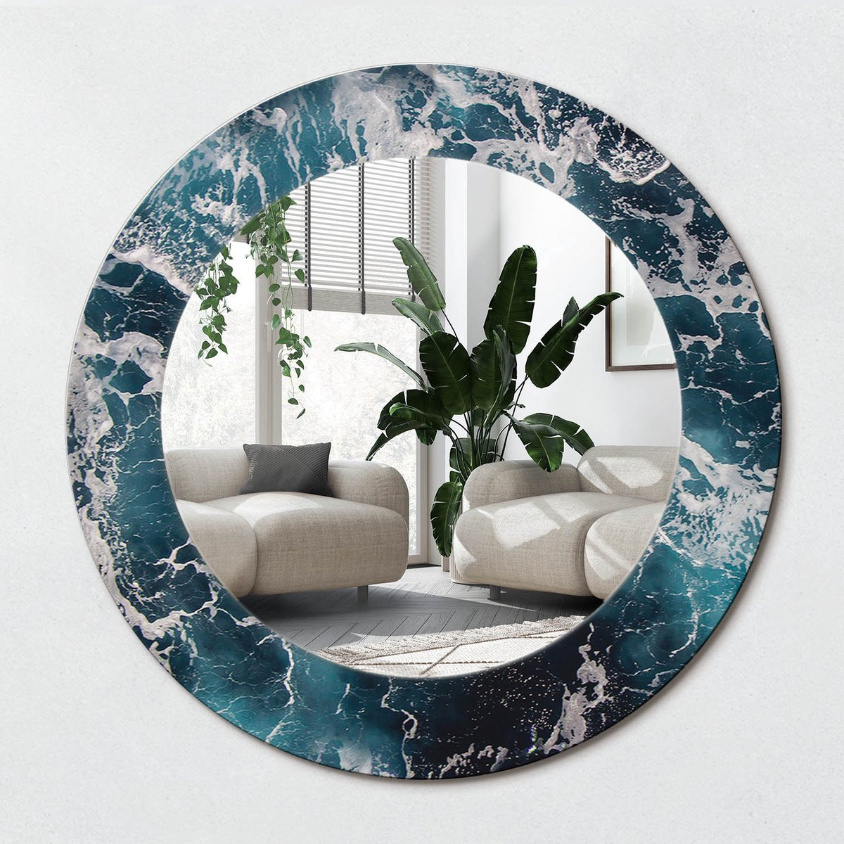 Wallfluent Ronde Spiegel met Decoratie Stormachtige Zee - Blauw - Diameter: 50 cm