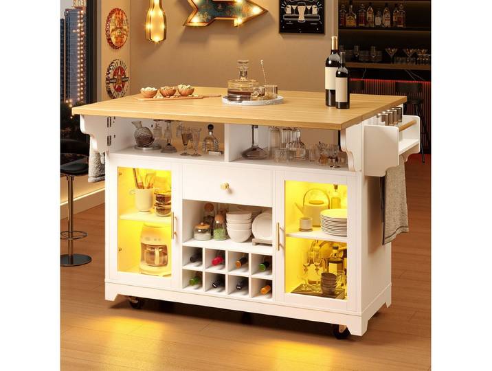 Odikalo Kücheninsel Servierwagen mit Arbeitsplatte LED Weinregal 95 cm ergonomische Höhe, (beidseitig ausklappbarer Tischplatte, verstellbaren Regalböden), Gesamtabmessungen(ausgefahren):120*80*95 (zusammengeklappt):120*40*95