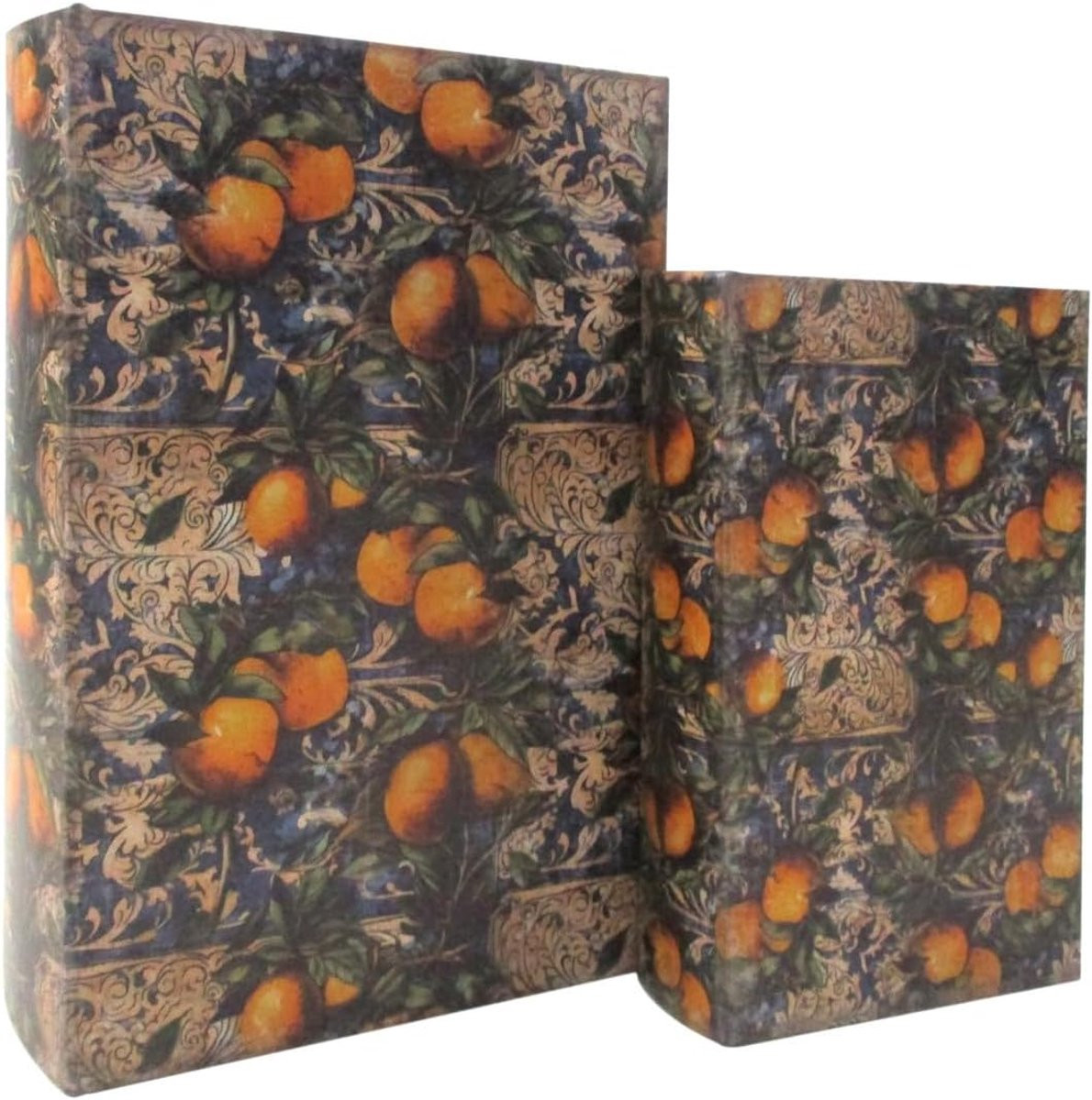 Set van twee decoratieve boekendozen met fruitmotief, Hoogte: 27 cm