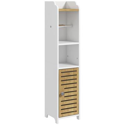 kleankin Moderner Toilettenpapierhalter, Badezimmerschrank mit Regalen, 1 Tür und Toilettenpapierhalter, 18 x 20 x 90 cm, Weiß und Eiche
