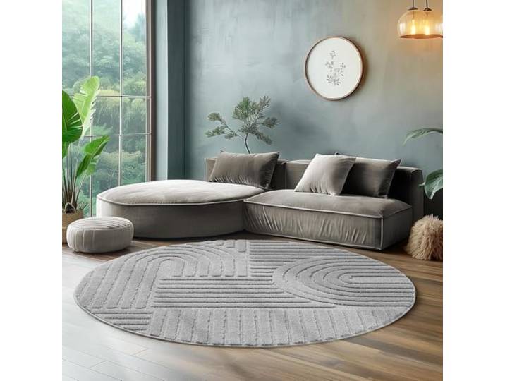 LIVUM Tapis Rond Salon\, Chambre\, Moderne et Design en Relief\, Doux et Confortable (Gris\, 160cm Rond)