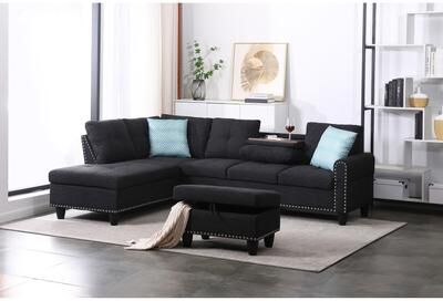 Traditional Linen L-Shaped Sofa Set with Cushioned Corner Seating by GDFStudio