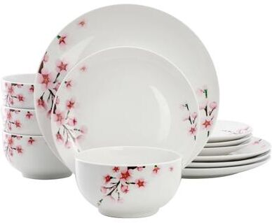 Elama Tamara 12 Piece Cherry Blossom Porcelain Dinnerware Set, Service for 4 in White and Pink