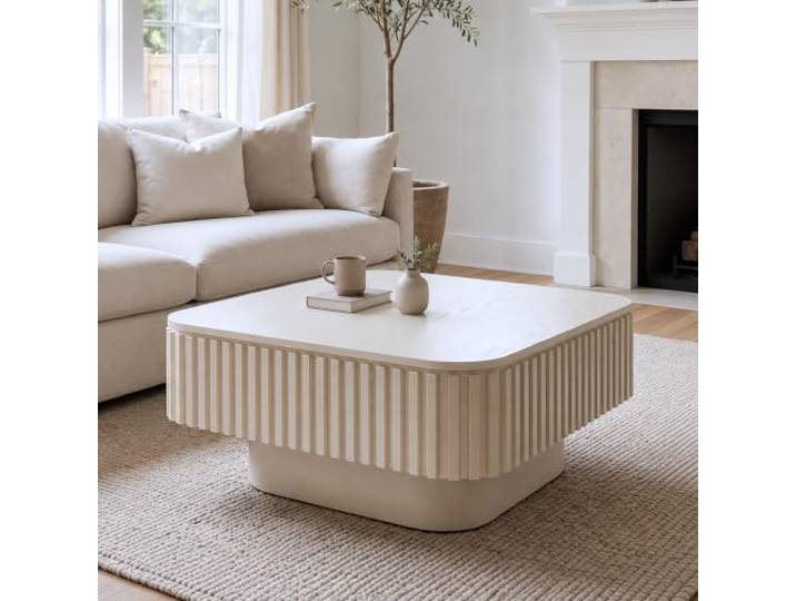 75 cm Moderner Quadratischer Couchtisch mit Stauraum, Holzoptik,Creme Moderner Sofatisch & Couchtisch quadratisch mit Fluted Design, abnehmbarem Deckel & verstecktem Stauraum für Wohnzimmer