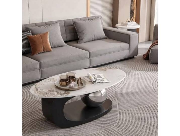Couchtisch Oval,Moderner Wohnzimmertisch Aus Sinterstein und Eisen mit Optionalem Rundem Beistelltisch,Schwarzes C-Förmiges Gestell,Metallkugel,für Wohnzimmer A