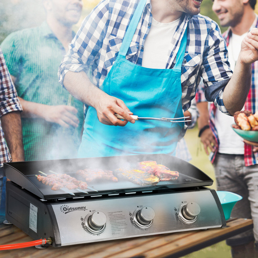 Outsunny Gas Plancha Barbecue Grill 3 Stainless Steel Burners 7.5kW Stainless Steel 3