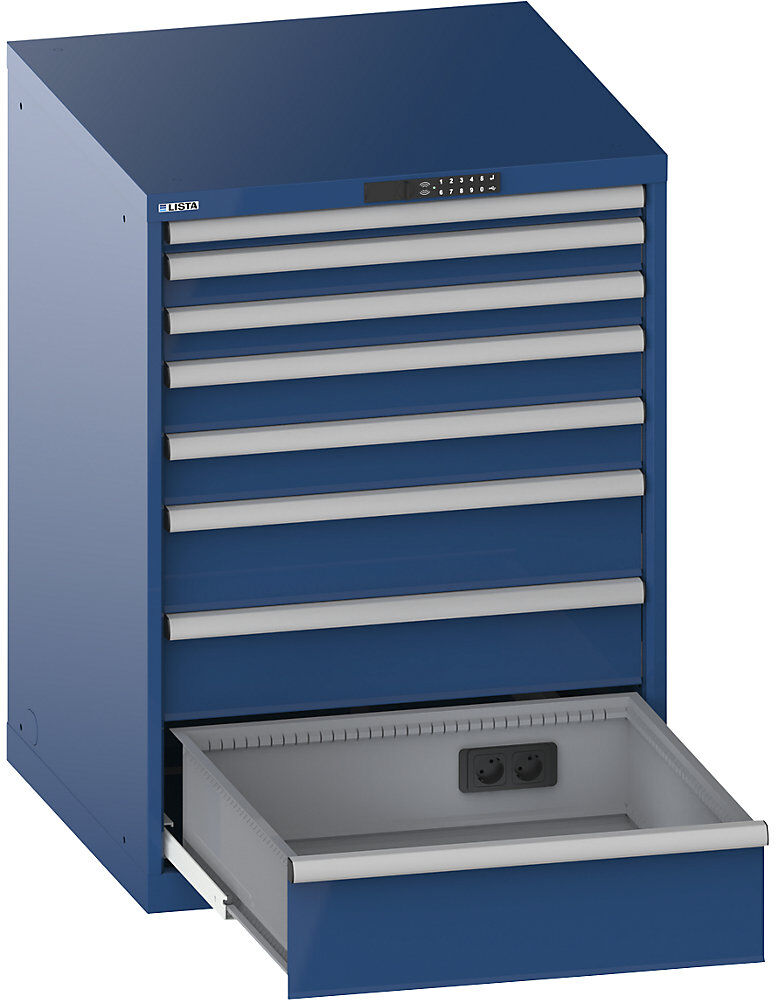 Schubladenschrank, mit Akkuladefunktion, RFID-Schloss, BxTxH 717 x 725 x 1000 mm, 8 Schubladen, 1 x 230V, enzianblau, CH LISTA