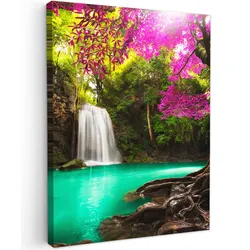 LEINWANDBILD Wasserfall mit bunten Blumen und Bäumen - Natur - Dschungel Room Decor 30x40 cm