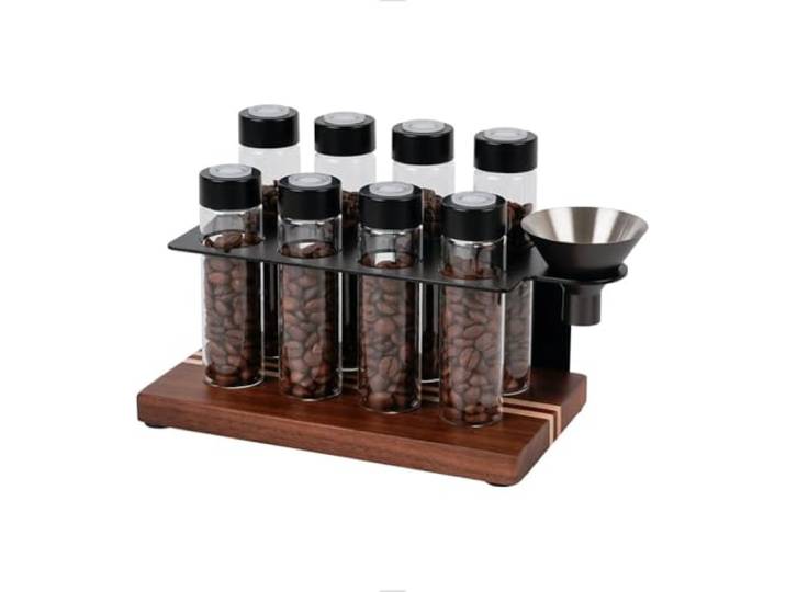watchget Kaffeebohnen-Aufbewahrungsröhren, Einzeldosis, Kaffeebohnenkeller, 8 Stück, mit Einweg-Auspuffventil, versiegelt, luftdicht, Kaffeebohnen-Vorratsdosen mit Trichter, Holzständer, A