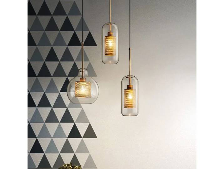 Lampe suspendue rétro minimaliste design, style loft, pour restaurant, salon, bar, chambre, en fer, maille, boule de verre, lustre, décoration intérieure