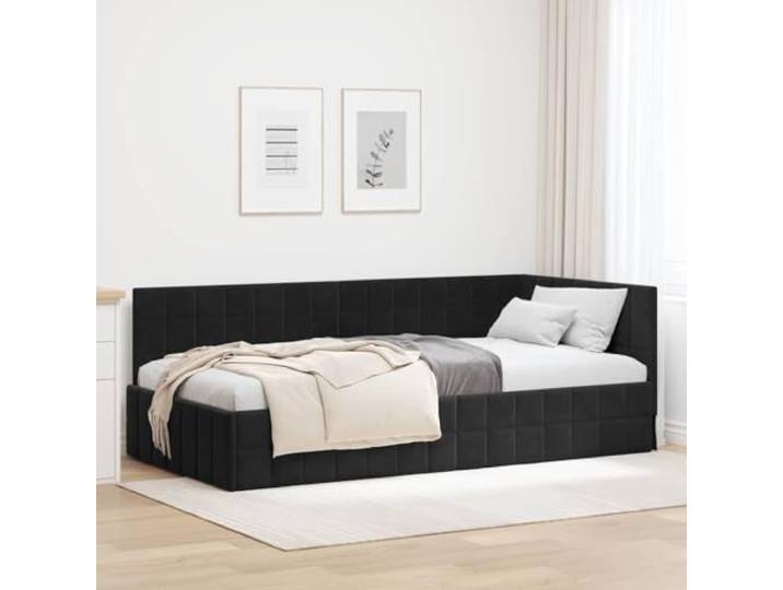 Platzsparendes L Design Eckbett Samtbezug Modernes Schlafzimmer Tagesbett Eckbettgestell mit Kopfteil Schwarz 90x200 cm Samt L-Form Schlafsofa Lattenrost Stabil Platzsparend