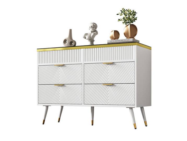 Modfu Kommode mit 6 Schubladen, braune Glasoberfläche und weißer Korpus, Metallgriffe, 120x40x76 cm, Weiß, 40x76x120 cm, Kleinmöbel, Kommoden, Kommoden