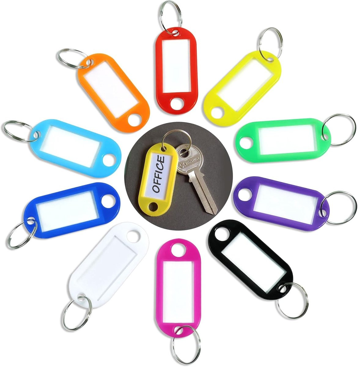 Thijox Redamancy Beschrijfbare Sleutelhangers 30 Stuks, Kunststof Sleutellabels met Verwisselbare Etiketten in 10 Kleuren, B/D/H: 2,2 x 5 cm