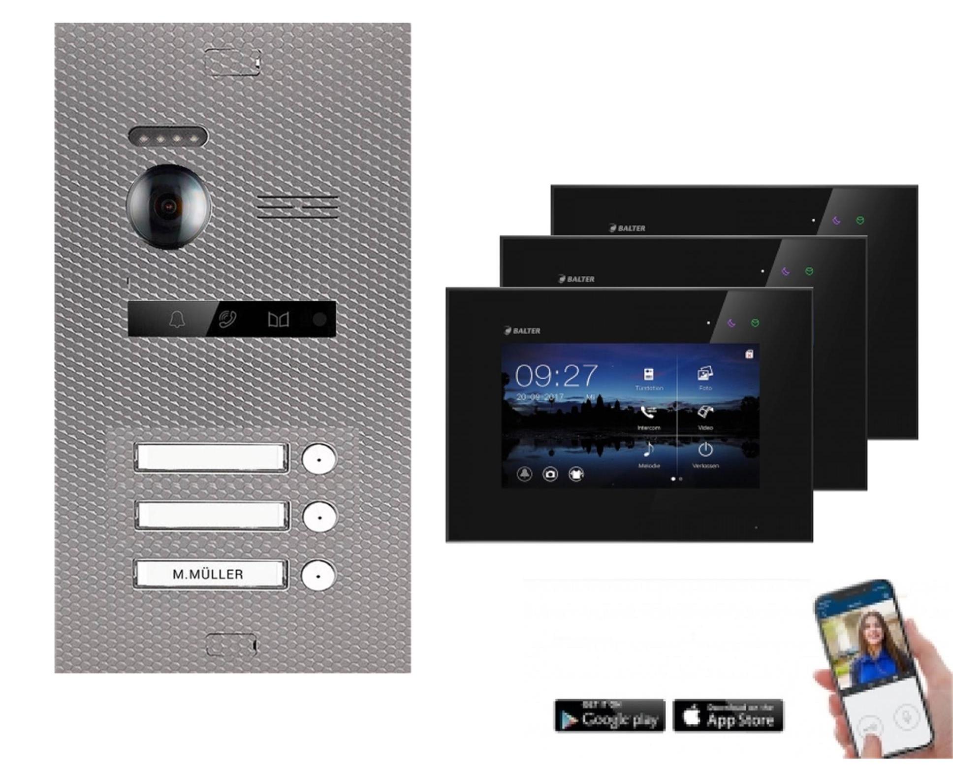 WLAN Videotürsprechanlage BALTER EVO 2-Draht BUS für 3-Familienhaus Schwarz-Karbon-Silver