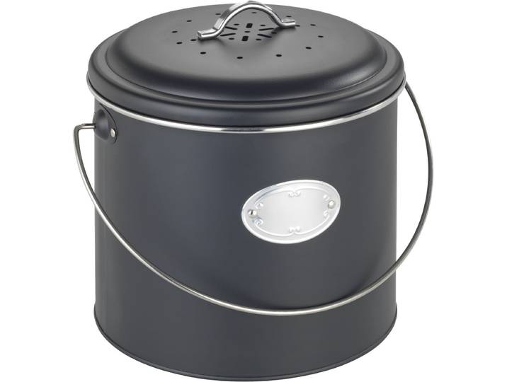Biomülleimer WENKO Modell Nero , schwarz (komposteimer: schwarz, griff: silber glänzend, schwarz), H:22,5cm Ø:22,5cm, Metall, Mülleimer, Biomülleimer, Komposteimer aus Metall, inkl. 3 Aktivkohlefiltern zum Wechseln, 6 L