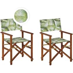 GARTENSTUHL 2er-Set Akazienholz dunkelbraun Auflagen grau/hellgrün Palmenmotiv Cine