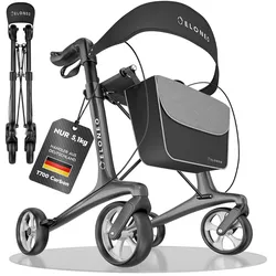 ELONEO Carbon Rollator faltbar und leicht mit Sitz, Leichtgewicht-Reiserollator ultraleicht 5,1 kg, Gehhilfe für Senioren 9-fach höhenverstellbar, mit Tasche, Anthrazit - Größe M