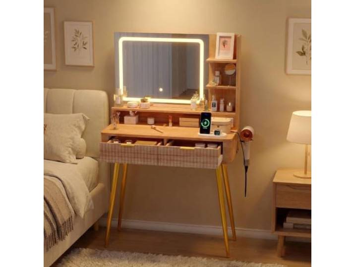 Schminktisch 132cm Schminktisch mit Beleuchtung 3 Lichtmodi Steckdose Naturholzoptik