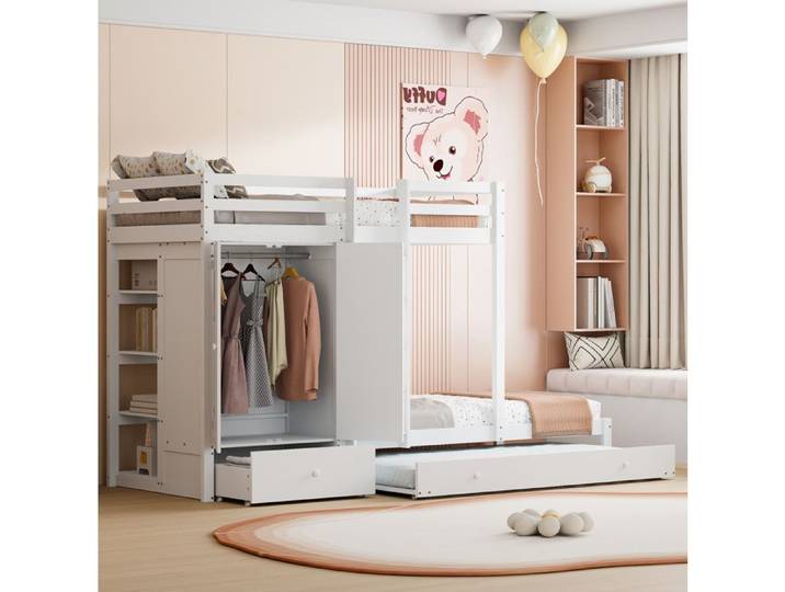 MEULVA Lit superposé multifonction avec lit gigogne armoire tiroirs et étagère bois blanc 90 x 200 cm