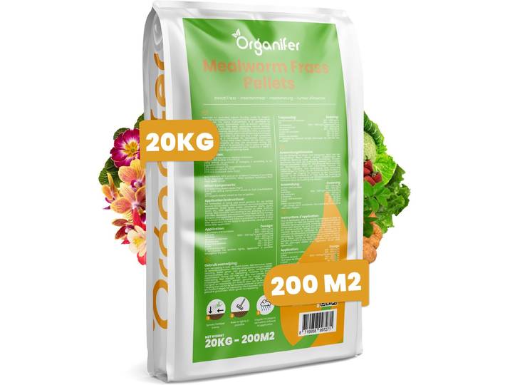 Meelworm Frass (20kg\, 200m2) - Meelworm Mestkorrels - Bodemverbeteraar Gazon- Mestkorrels Tuin - Organische Meststof - NPK-waarde van 3\,5-3\,5-2\,5 - Rijk aan Mineralen en Sporenelementen - Organifer