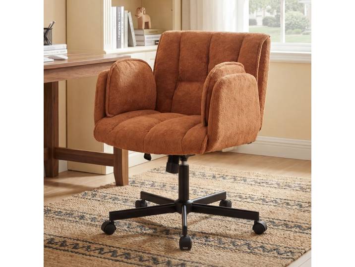 Chaise De Bureau Pivotante Avec Roulettes\, Accoudoirs Rabattables\, Coussin Lombaire Réglable\, Tissu - Orange