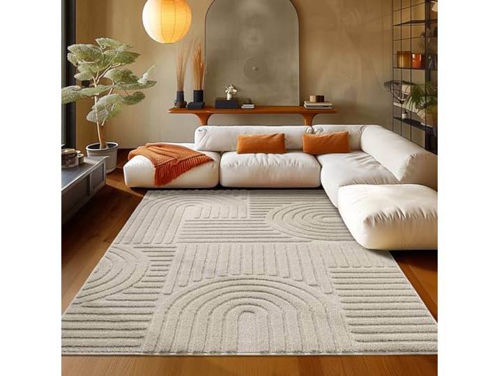 Teppium Tapis de salon à poils longs design scandinave bohème - Tapis facile d'entretien - Beige - Tapis 140 x 200 cm