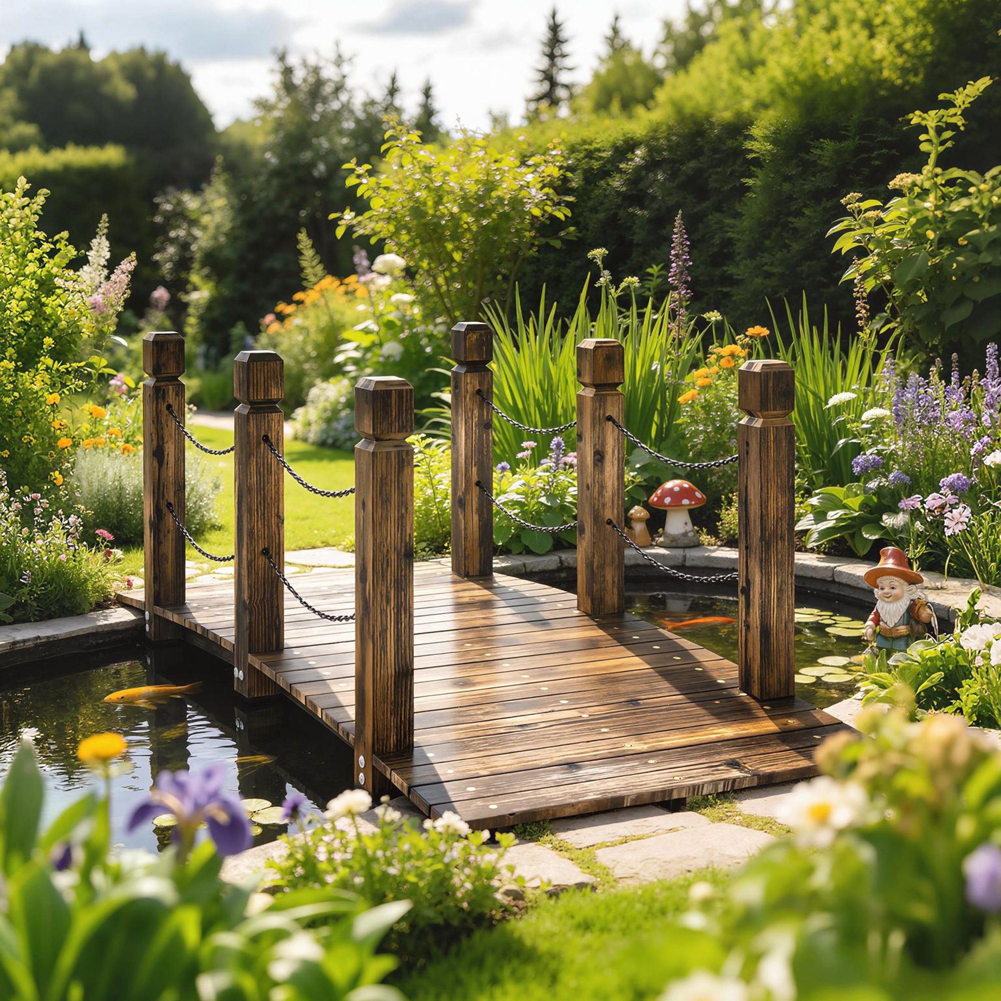 Outsunny Ponte da Giardino in Legno di Abete Carbonizzato 1,51 m, Ponte Decorativo per Laghetti, Stile Rustico con Corrimano di Sicurezza   Aosom Italy