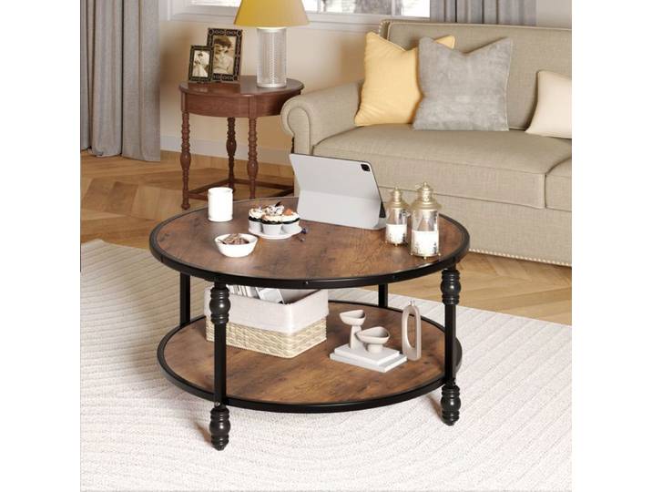 Grande Table basse en ronde 72CM Table de salon en bois à 2 niveaux avec rangement table d'appoint ronde canapé style moderne